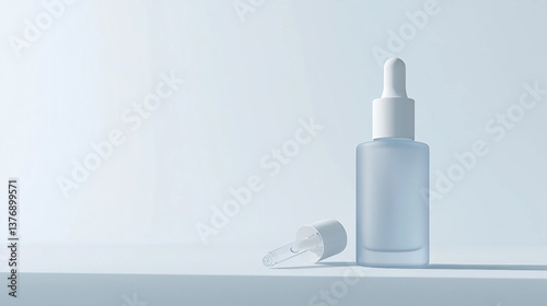 A bottle of perfume is on a table with a dropper