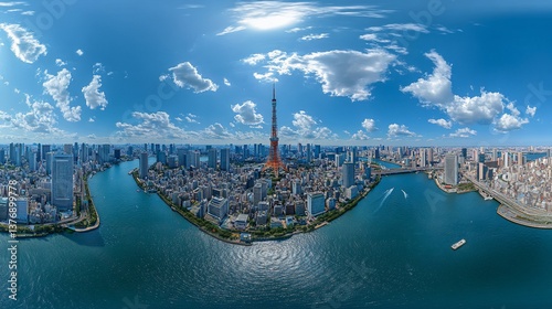 360 Degree Aerial Panorama of Tokyo Skyline and River with Tower and Blue Skies