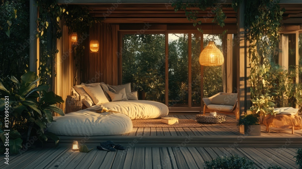 Obraz premium A cozy lounge space on a wooden terrace with greenery and soft outdoor lighting