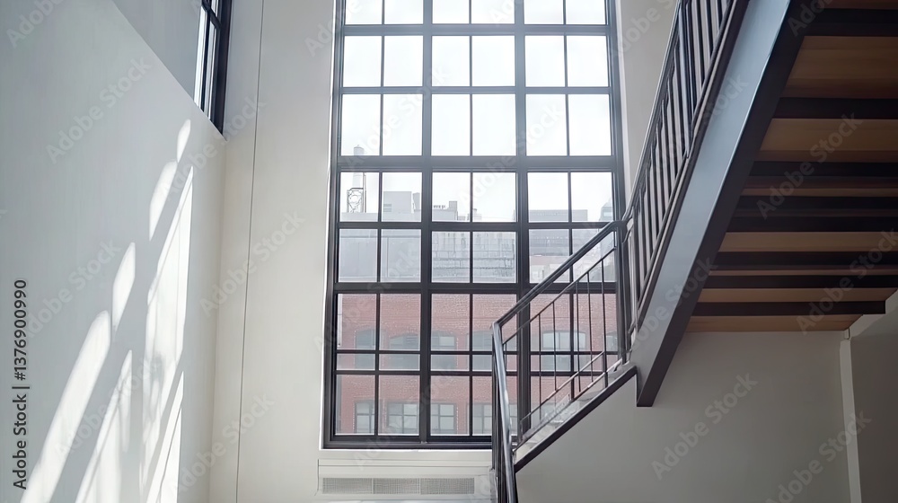 Fototapeta premium A dramatic lighting effect through steel-framed windows in a stairwell