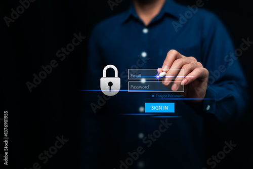 Encryption to unlock Cyber ​​security Sign in to unlock your personal email account on a virtual screen The concept of online connectivity and fast modern communication all over the world.
