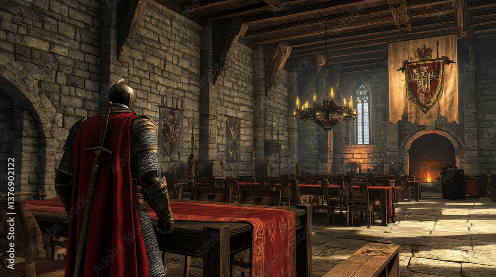 Warrior in castle dining room with table and royal chair. Medieval palace banquet hall cartoon background. Luxury victorian mansion ballroom for party furniture. Knight with sword plan insurgency Warrior in castle dining room with table and royal chair. Medieval palace banquet hall cartoon background. Luxury victorian mansion ballroom for party furniture. Knight with sword plan insurgency