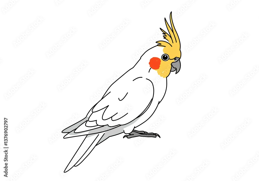 Fototapeta premium Adorable Cockatiel Parrot Bird Drawing White Yellow Crest Feathers Pet Animal Illustration