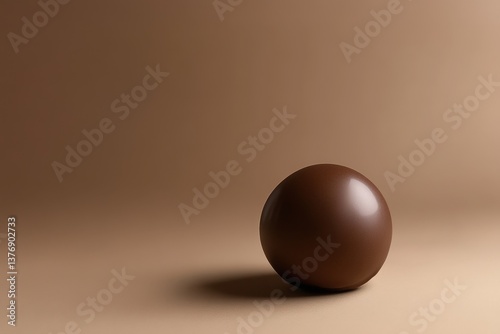 A solitary chocolate sphere sits on a smooth neutral surface