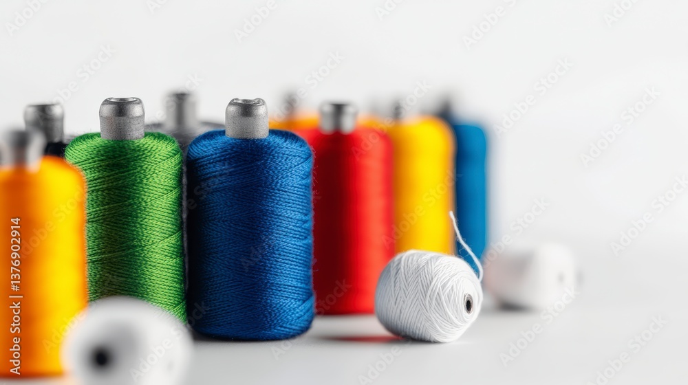 Colorful Thread Spools and White Thread Balls on White Background Colorful Thread Spools and White Thread Balls on White Background