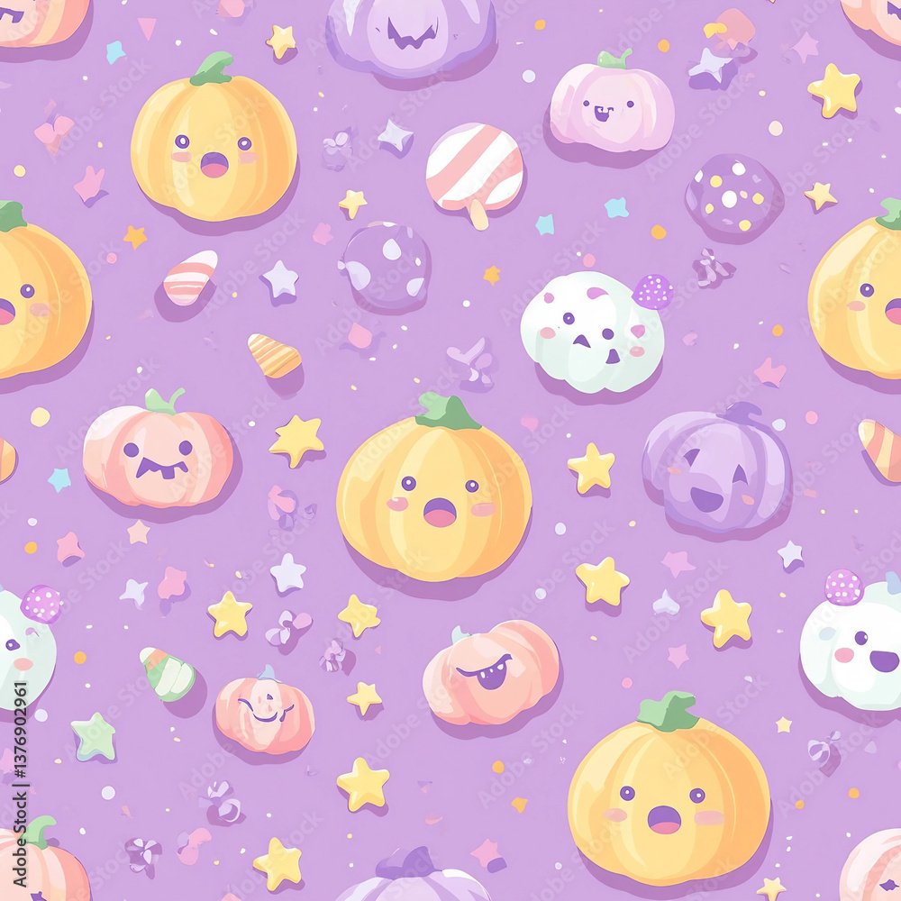 A purple background with a bunch of cartoonish pumpkins and stars A purple background with a bunch of cartoonish pumpkins and stars