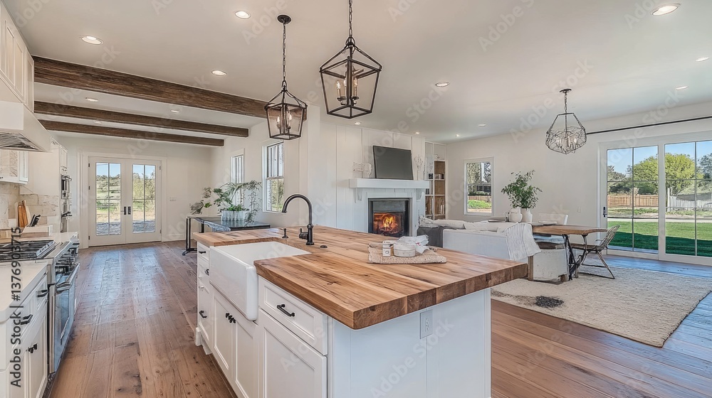 Fototapeta premium A luxurious cooking space with solid wood countertops and a clean white finish