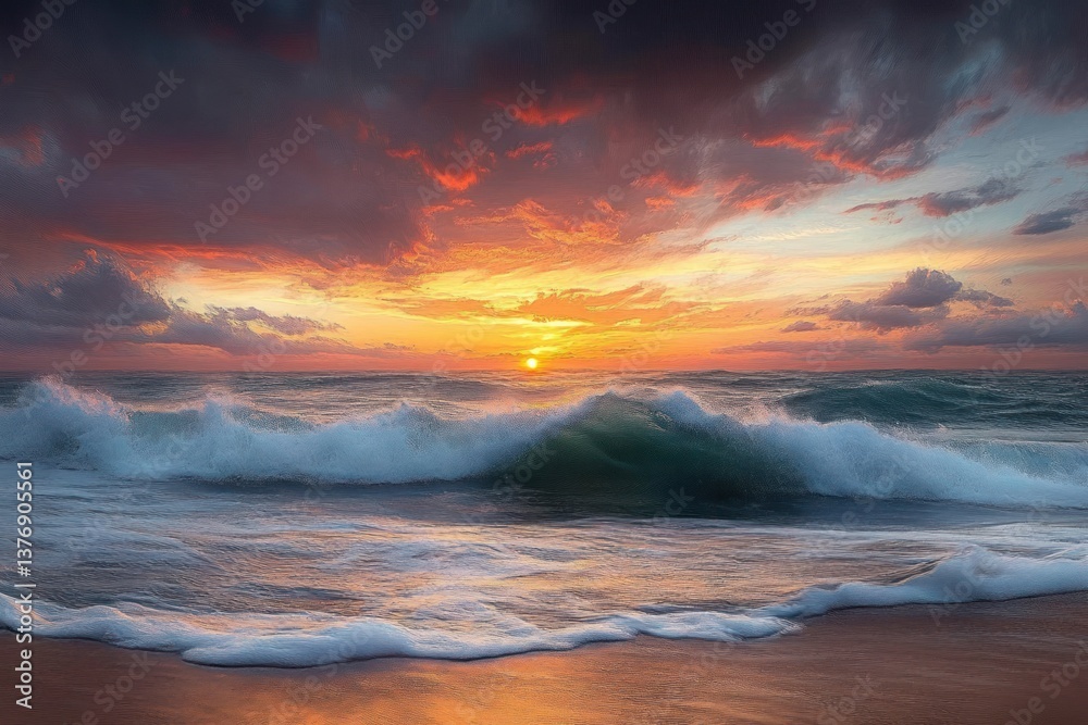 Fototapeta premium Sunset Over the Beach with Dramatic Waves and Colorful Clouds