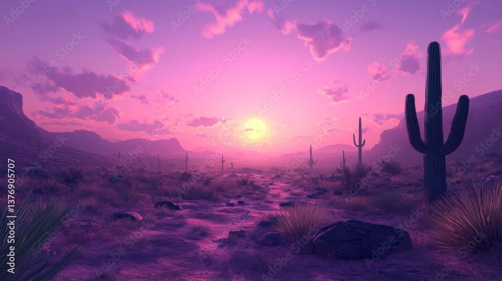 Sunset sky in desert western landscape with cactus. Arizona purple and pink horizon summer wallpaper scene. Usa Texas land with magic sun ray above cloud. Empty sand ground wild place with rock Sunset sky in desert western landscape with cactus. Arizona purple and pink horizon summer wallpaper scene. Usa Texas land with magic sun ray above cloud. Empty sand ground wild place with rock