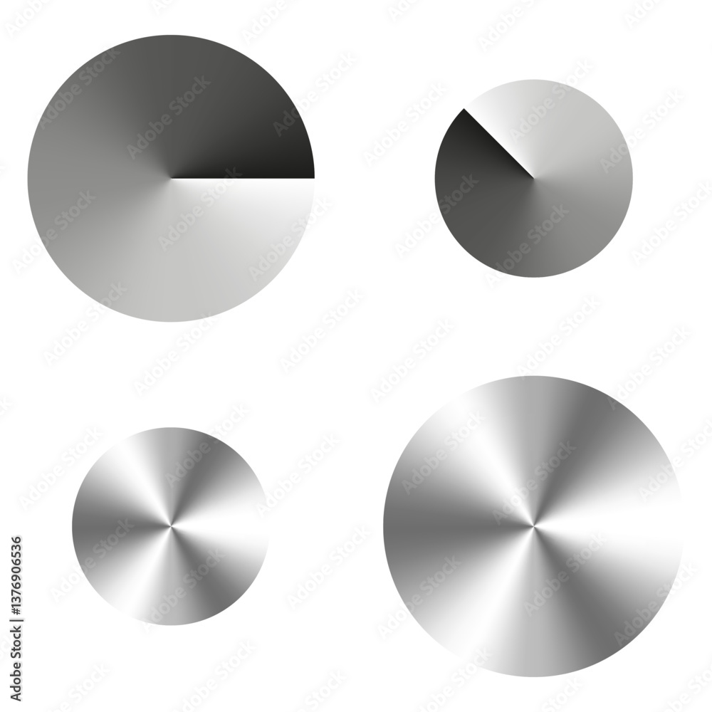 Metallic circle element. Chrome round symbol. Radial shine texture. Vector glossy surface.