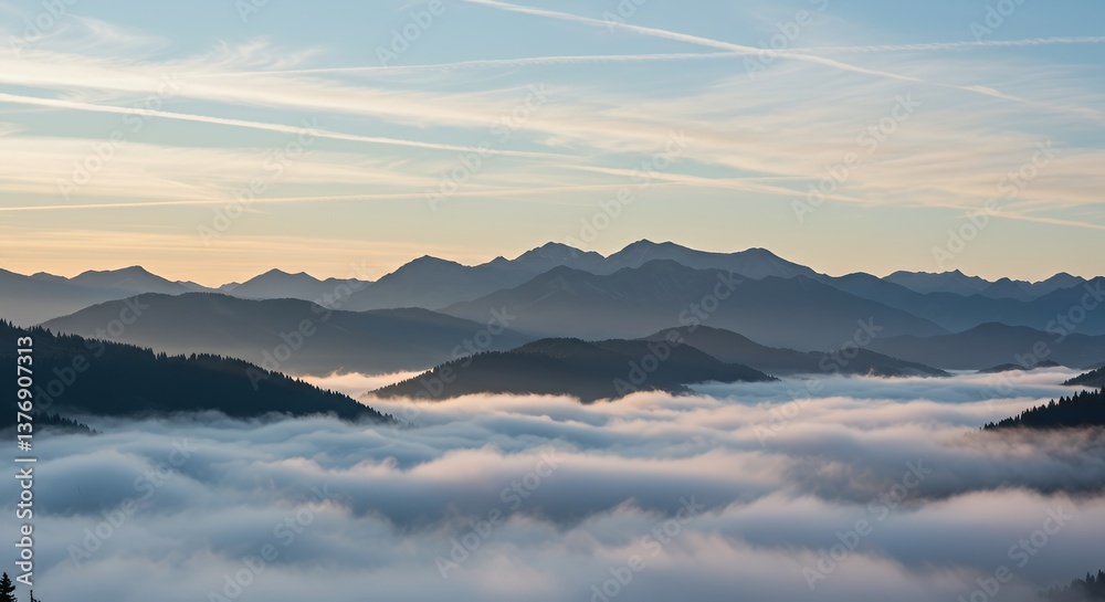 Obraz premium Misty Mountain Range at Sunrise