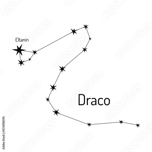 Minimalistic vector illustration of the Draco constellation with labeled star Eltanin. Ideal for astronomy lovers, educational materials, and celestial-themed designs.
