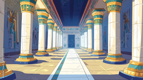 Ancient Egypt empty pharaoh tomb or temple room cartoon vector illustration. Egyptian pyramid interior with hieroglyphs on stone walls and white columns with oranment, background for game design photo