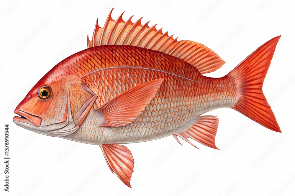 Fototapeta premium Atlantic Ocean Red Drum Fish Isolated on White Background,A fresh red snapper fish with vibrant reddish-pink scales, isolated on a white background,Siamese fighting fish. 