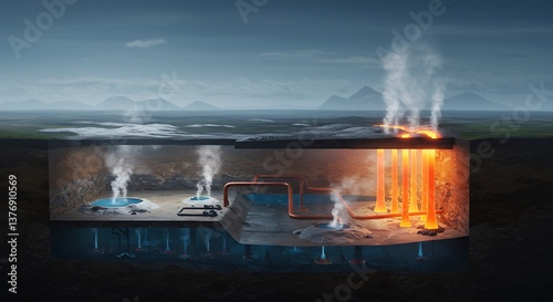Geothermal Energy Plant Underground Section with Water and Steam Illustration