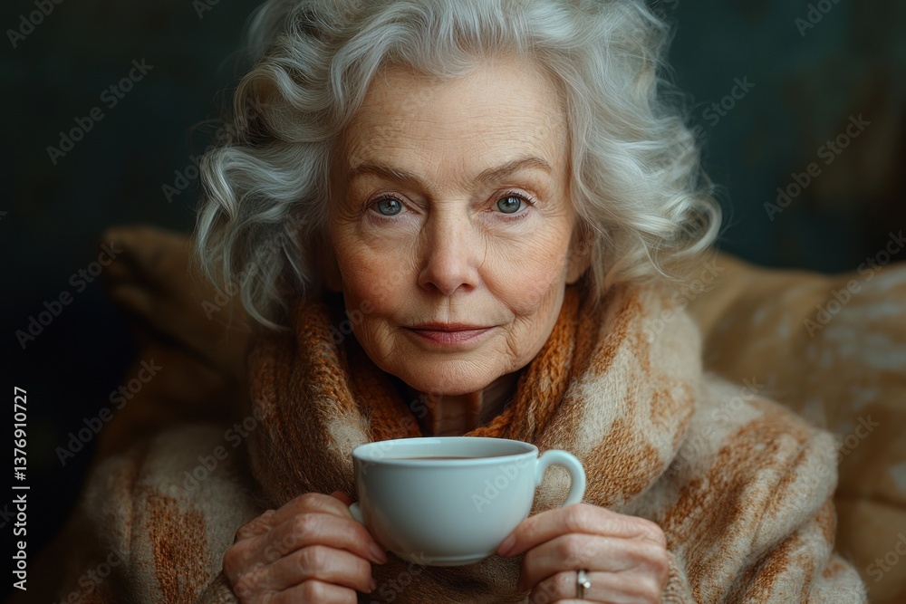Happy elderly Asian woman enjoying hot tea at home on a cold winter day in a cozy living room with minimalistic decor Happy elderly Asian woman enjoying hot tea at home on a cold winter day in a cozy living room with minimalistic decor