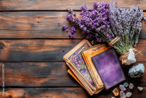 Exploration of tarot card meanings with crystals and herbs on rustic wooden table