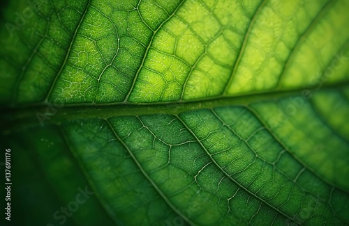 Close-up detailed green leaf texture. Natural background. Green leaf pattern with veins. Freshness, eco concept. Foliage. Summer vibes. Bright sunlight, spring season. Abstract artistic photo for eco