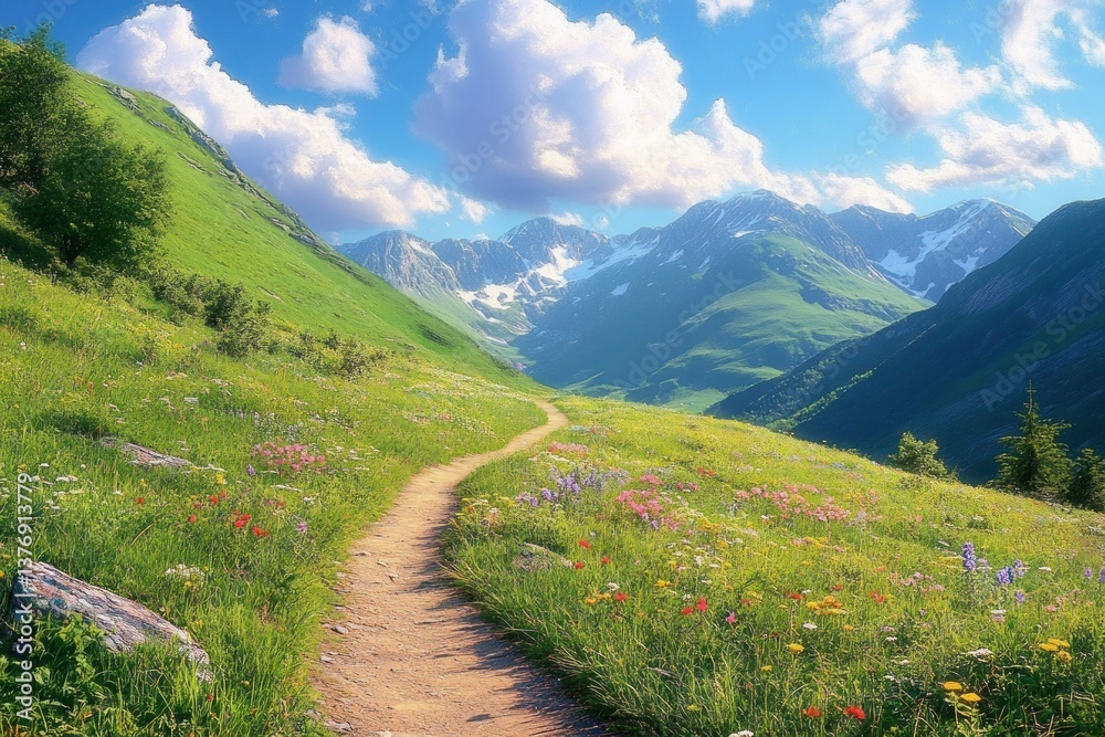 Winding Path Through Serene Mountain Valley with Lush Grass and Wildflowers Winding Path Through Serene Mountain Valley with Lush Grass and Wildflowers