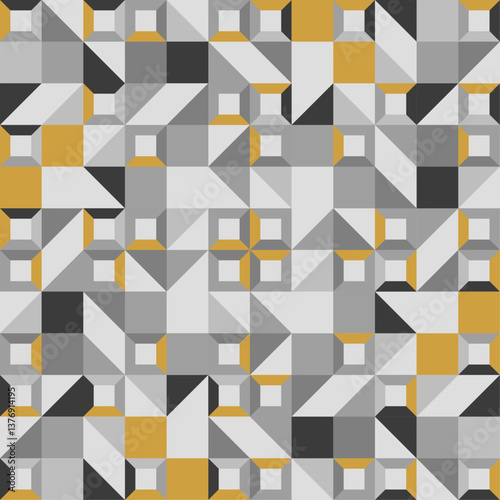 The pattern is composed of squares, triangles, and rectangles, creating a visually dynamic and intricate design.