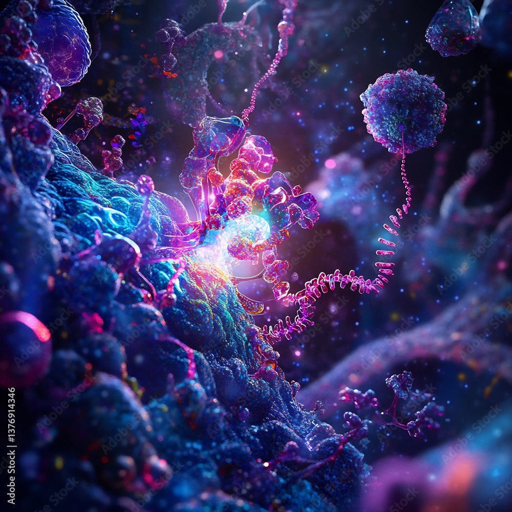 Fototapeta premium Surreal depiction of regulatory genes activating in a glowing embryonic cell with vivid colors intricate molecular details and cinematic lighting blending science and art