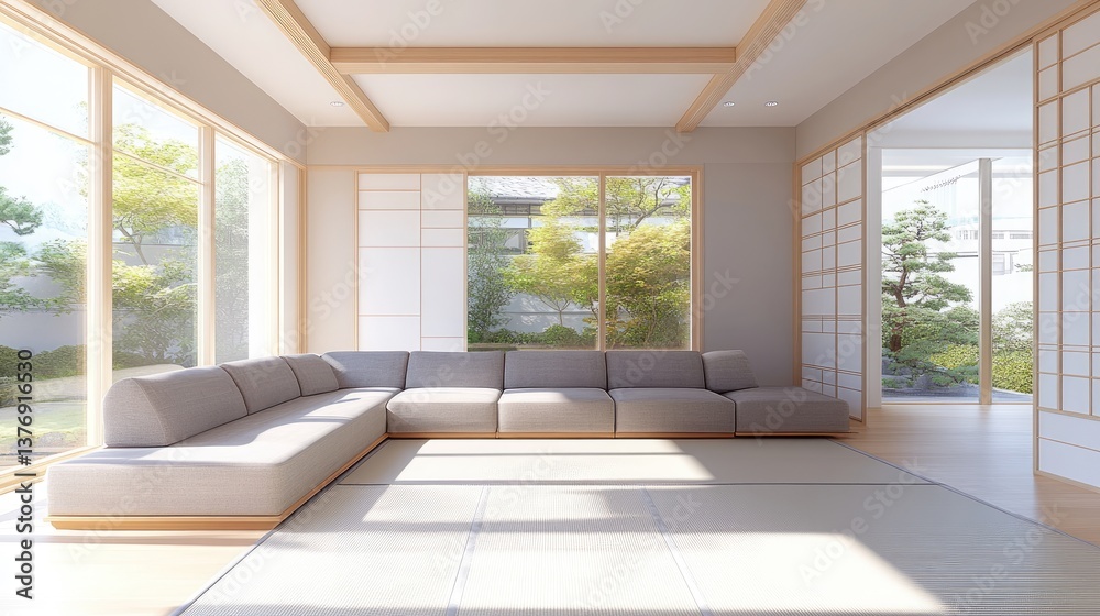 Fototapeta premium A simple and peaceful Japanese-style lounge area featuring a soft gray L-shaped sofa and tatami flooring