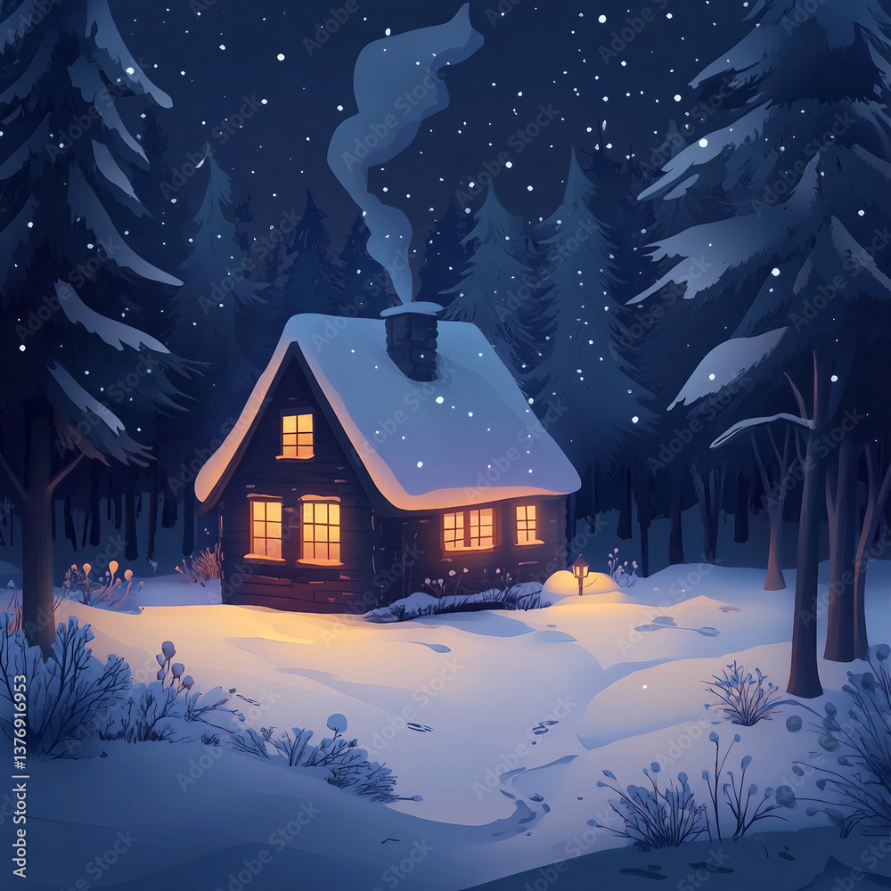 Naklejka premium A cozy cabin in the woods with a chimney and a fireplace