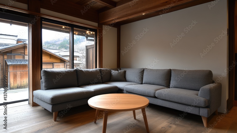A soft and inviting gray L-shaped sofa paired with a round wooden coffee table in a Japanese-style home A soft and inviting gray L-shaped sofa paired with a round wooden coffee table in a Japanese-style home