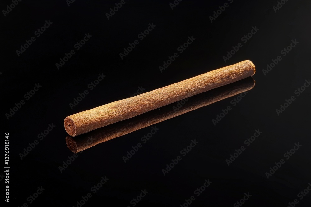A single cinnamon stick rests upon a reflective black surface A single cinnamon stick rests upon a reflective black surface