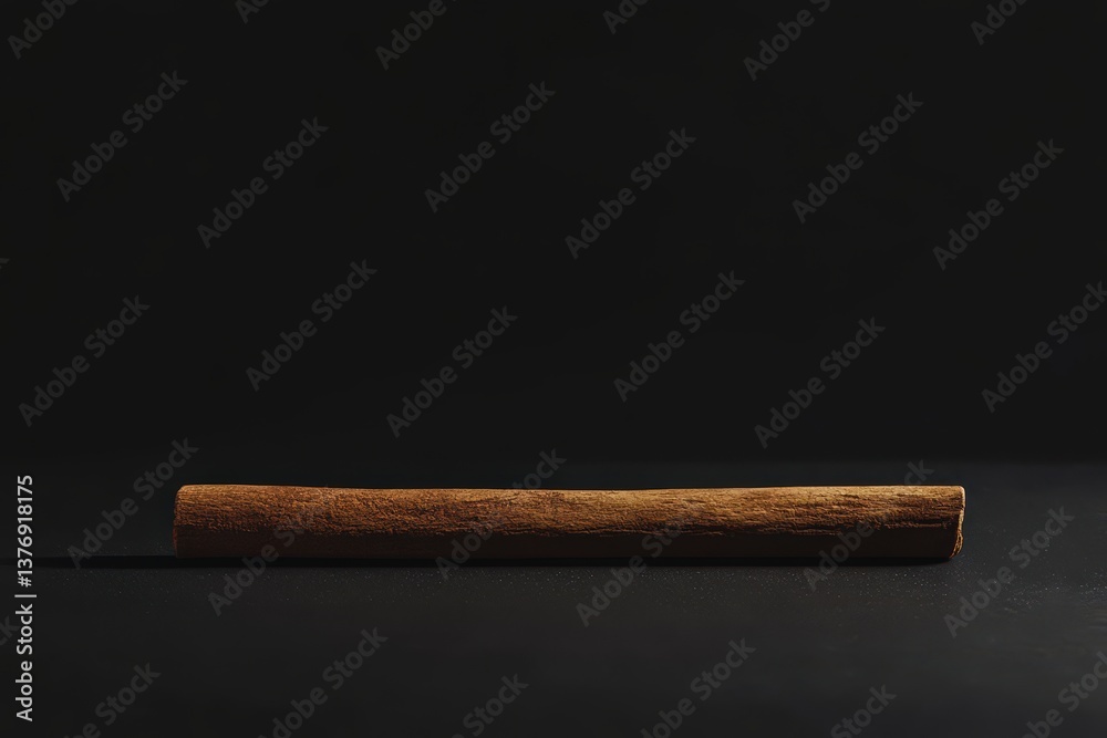 A single cinnamon stick rests isolated on a dark background A single cinnamon stick rests isolated on a dark background