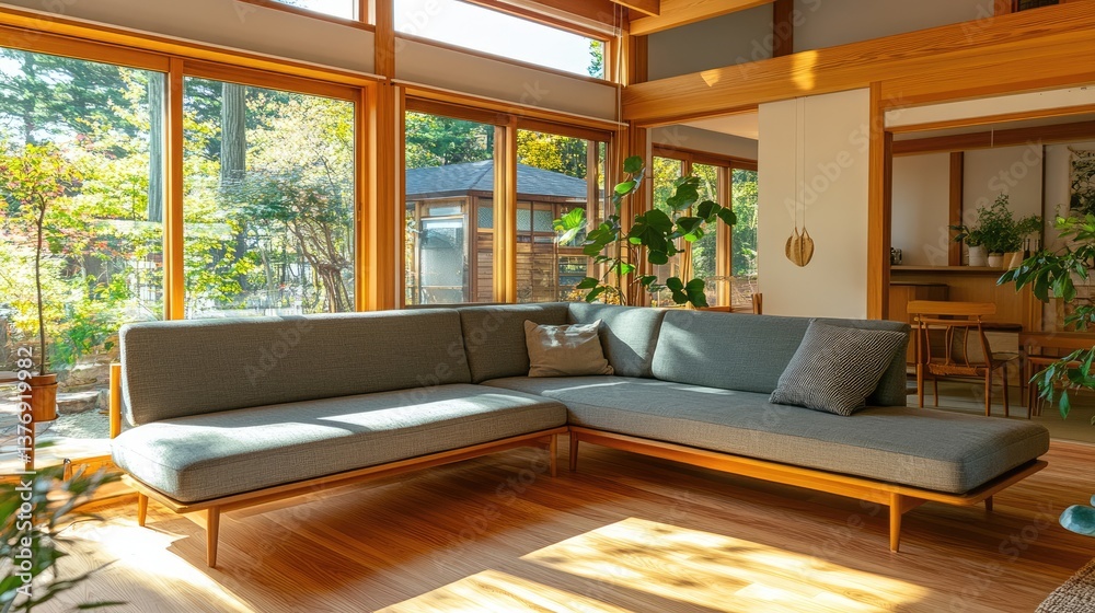 A stylish and elegant Japanese living space with a real-wood frame L-shaped sofa in soft gray