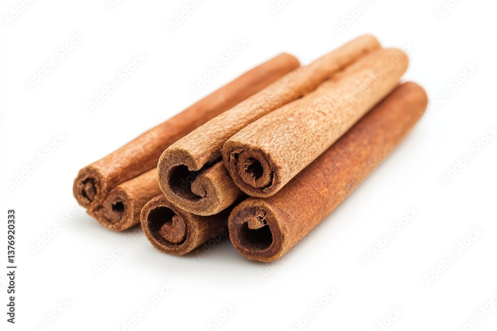 Several sticks of cinnamon are shown on a white background Several sticks of cinnamon are shown on a white background