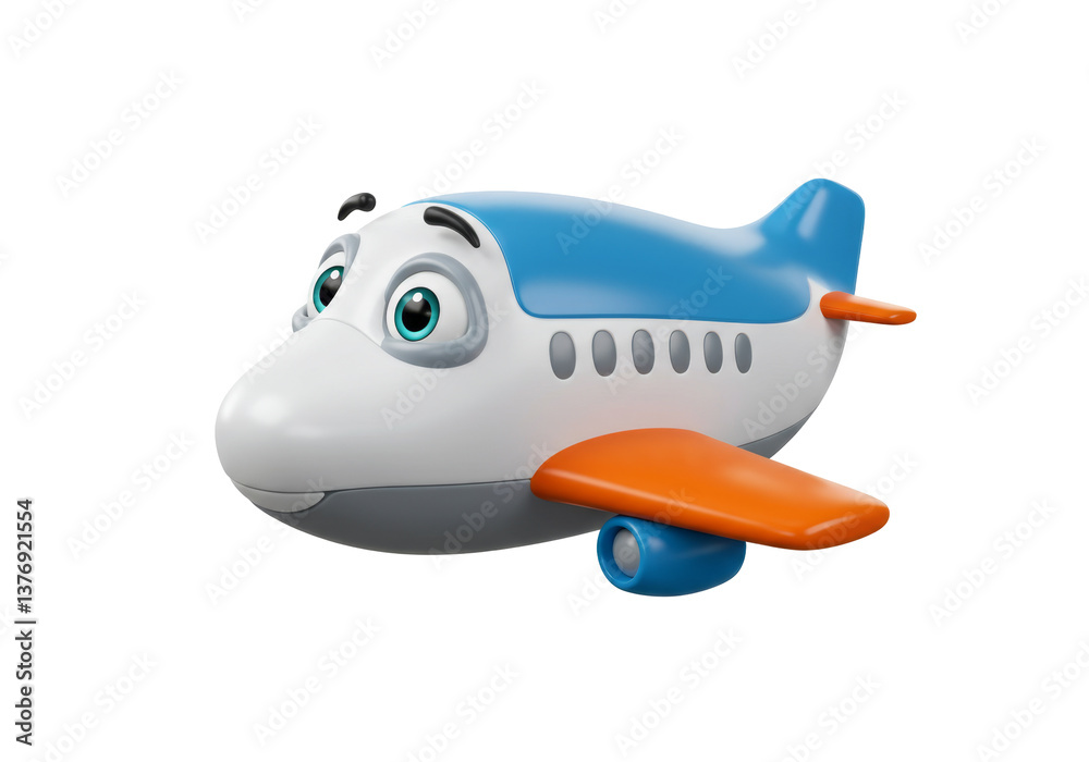 Naklejka premium Colorful Cartoon Airplane with Big Eyes and Orange Wings on Transparent Background