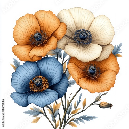 Detailed Botanical Illustration of Blooming Poppies in Earthy Tones with Vintage Engraving Style