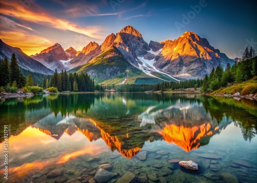 Crystal Clear Mountain Lake Landscape at Sunrise, Stunning Nature Photography