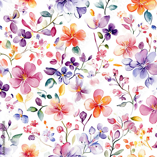 A watercolor painting of a flower garden with a variety of colors and shapes