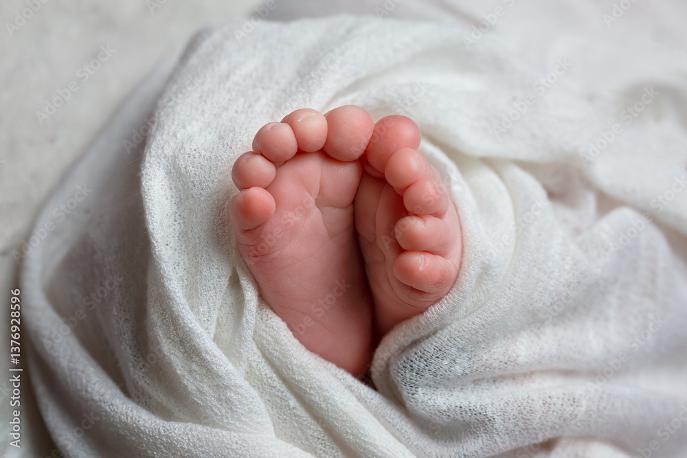 Tiny newborn feet wrapped in a white blanket Tiny newborn feet wrapped in a white blanket