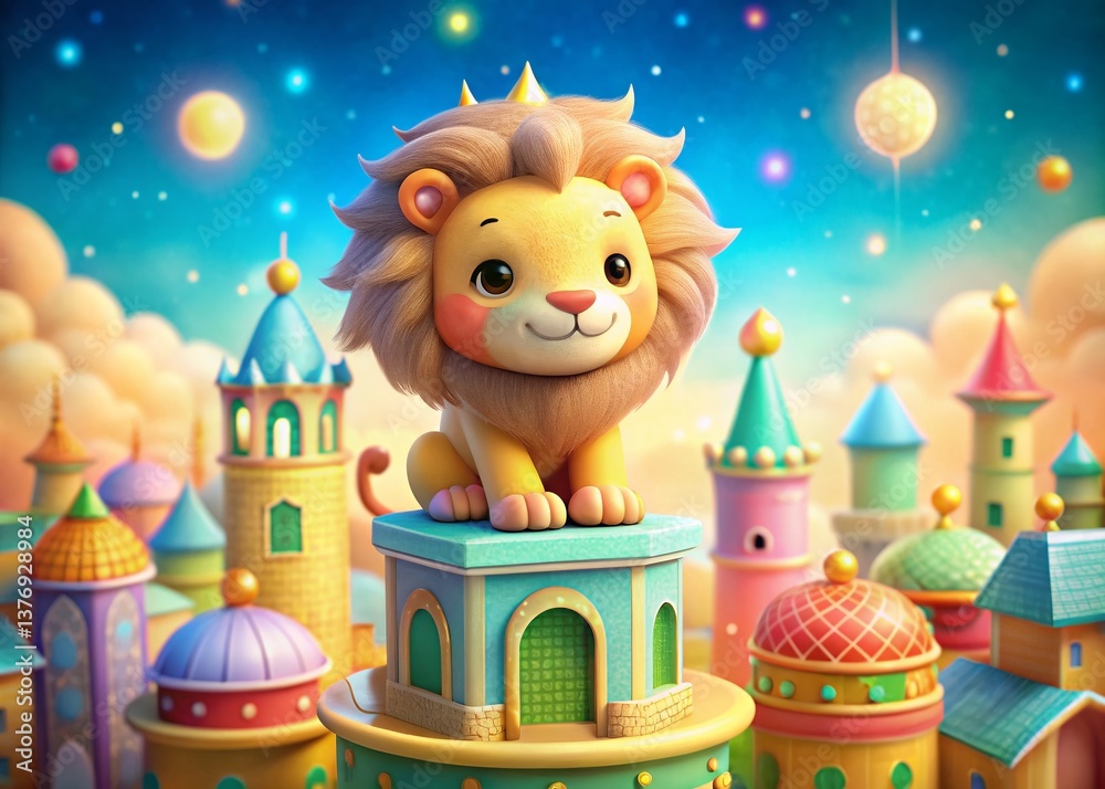 Fototapeta premium Cute Cartoon Lion Architectural Photography: Majestic Mane in a Miniature World