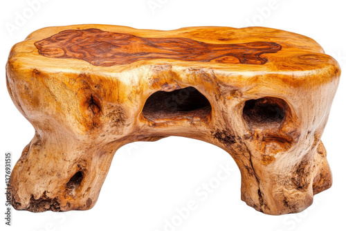 Unique handcrafted wooden coffee table with natural surface and rustic finish, showcasing organic shapes and rich textures perfect for cozy interiors