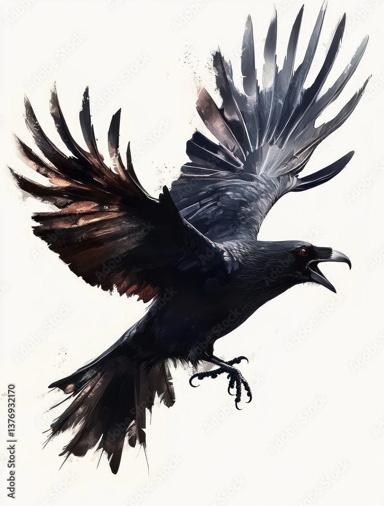 Fototapeta premium Fierce Black Crow in Mid-Flight with Sharp Edged Feathers on White Background