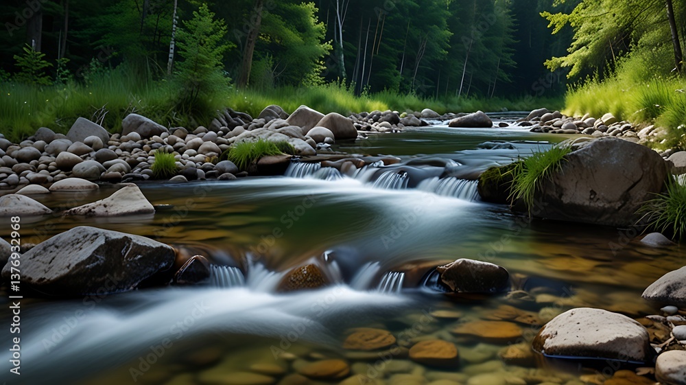 Fototapeta premium The calm flow of water in the mountain forest.