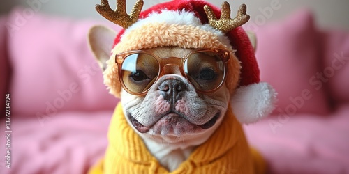 Merry Christmas Greeting Card Cute French Bulldog with Santa Hat Reindeer Antlers and Sunglasses on Pink Background