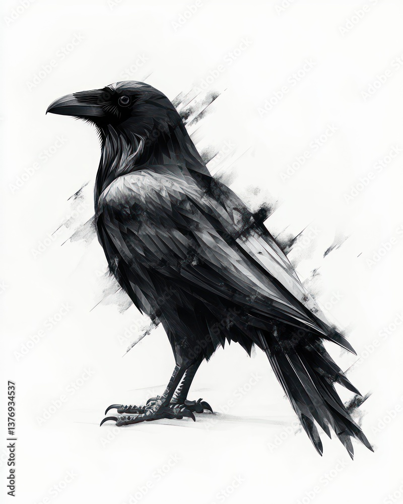 Fototapeta premium minimalistic digital raven illustration cubism monochromatic black white geometric patterns