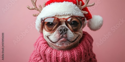 Cool French Bulldog in Santa Hat and Sunglasses on Pink Background - Merry Christmas Holiday Greeting Card