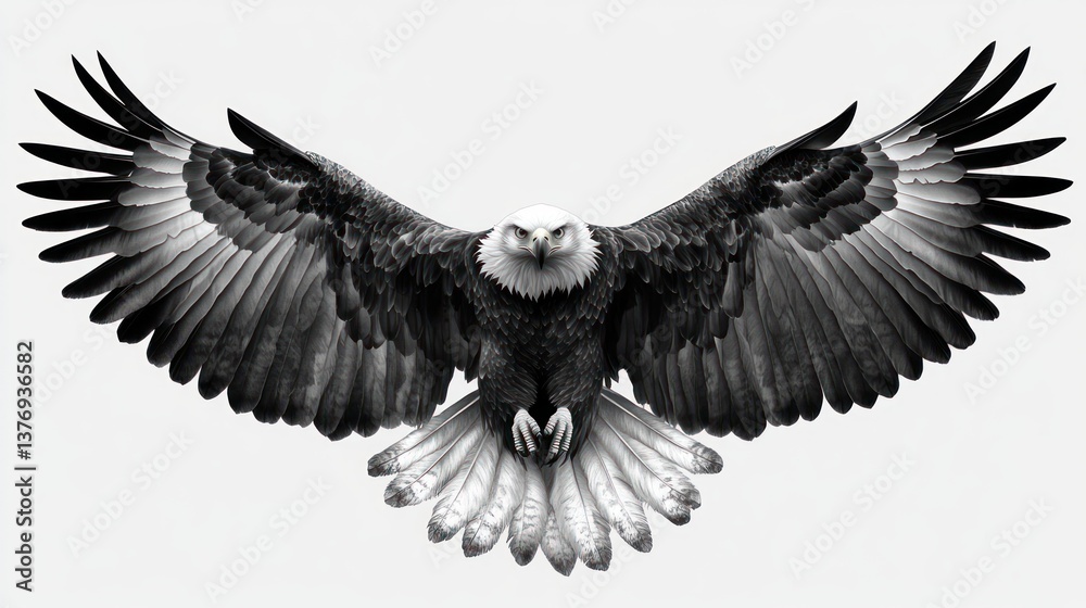 Obraz premium Hyper-Realistic Monochrome Eagle Illustration in Mid-Flight with Intricate Feather Details