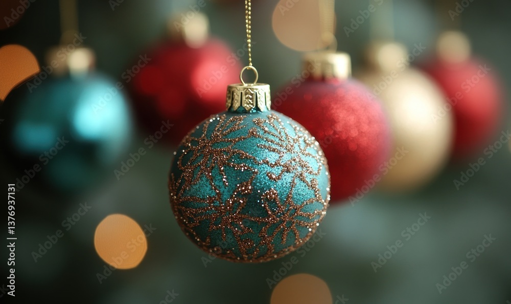 Teal and gold Christmas ornament in focus, with blurred red and gold ornaments in background. Festive bokeh Teal and gold Christmas ornament in focus, with blurred red and gold ornaments in background. Festive bokeh