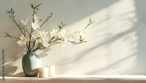 A vase of white flowers and a candle on the table against a light-colored wall with copy space, a