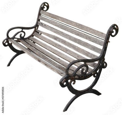 Old park wood and iron bench on transparent background