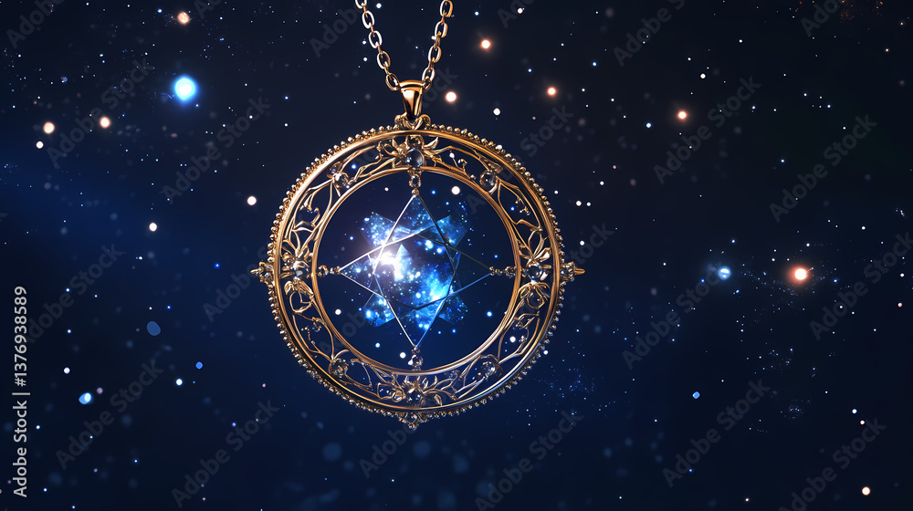 Elegant circular gem pendant silhouette, enchanted power & light. Cosmic Talisman. Illustration