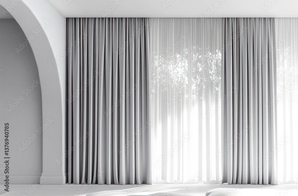 Elegant Soft Gray Pleated Curtains with Translucent and Opaque Layers in Minimalist Interior Design Elegant Soft Gray Pleated Curtains with Translucent and Opaque Layers in Minimalist Interior Design